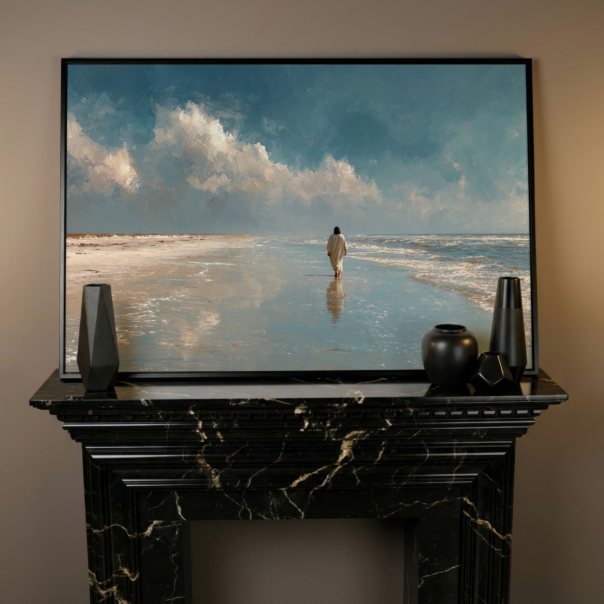 Jesus Walking on the Beach Canvas Wall Art in black floating frame