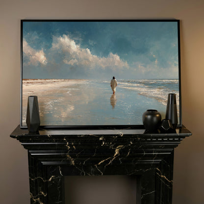 Jesus Walking on the Beach Canvas Wall Art in black floating frame