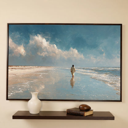 Jesus Walking on the Beach Canvas Wall Art in dark walnut floating frame