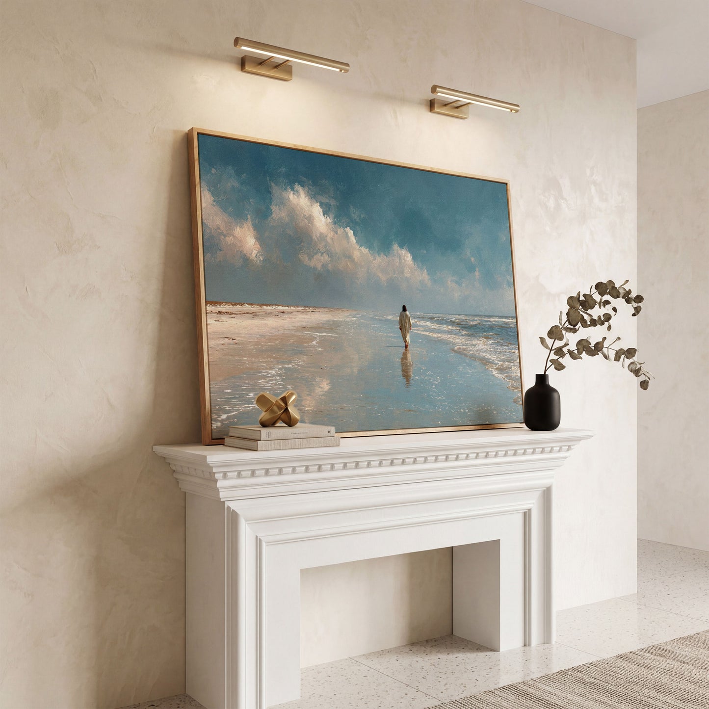 Jesus Walking on the Beach Canvas Wall Art in white oak floating frame