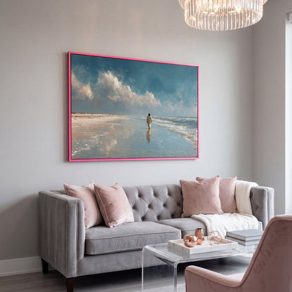 Jesus Walking on the Beach Canvas Wall Art in pink floating frame