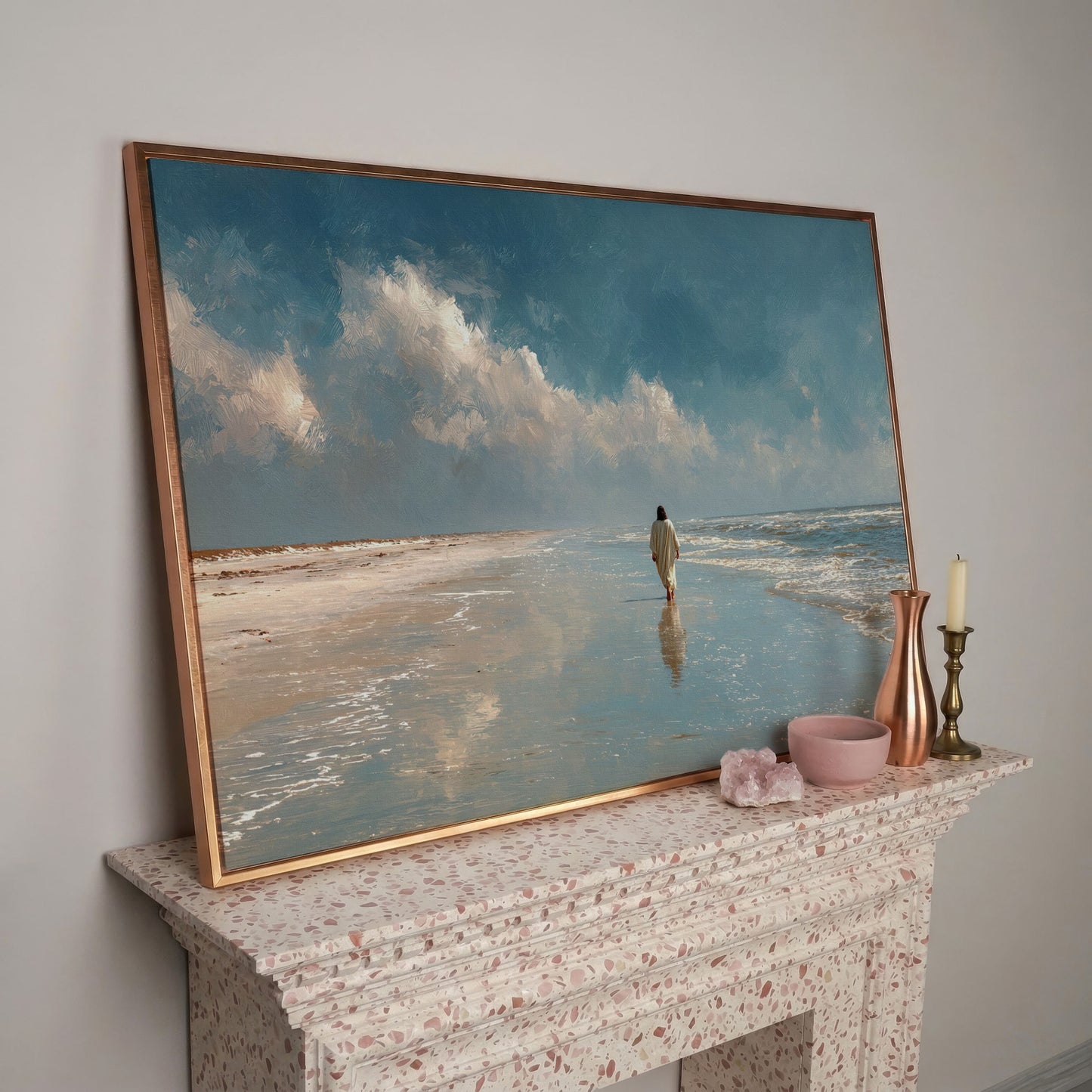 Jesus Walking on the Beach Canvas Wall Art in rose gold floating frame