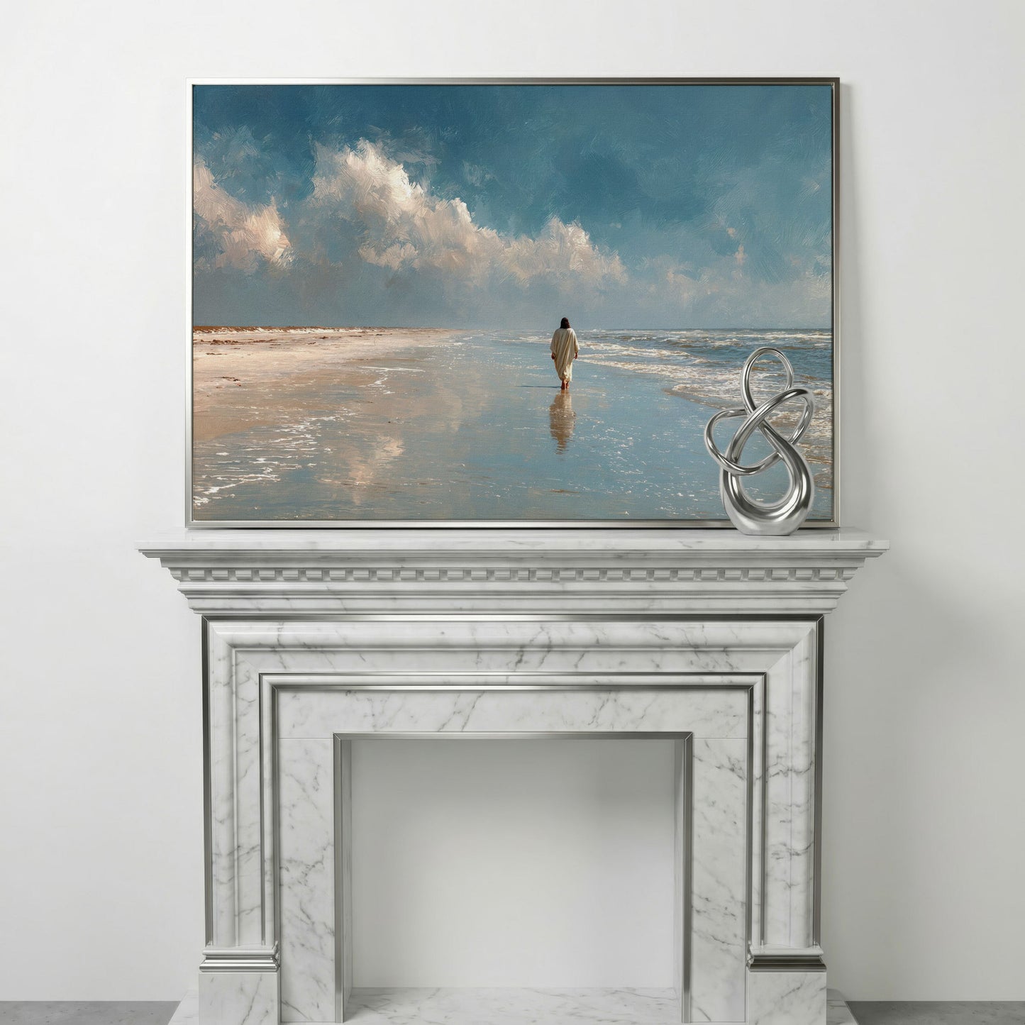 Jesus Walking on the Beach Canvas Wall Art in silver floating frame