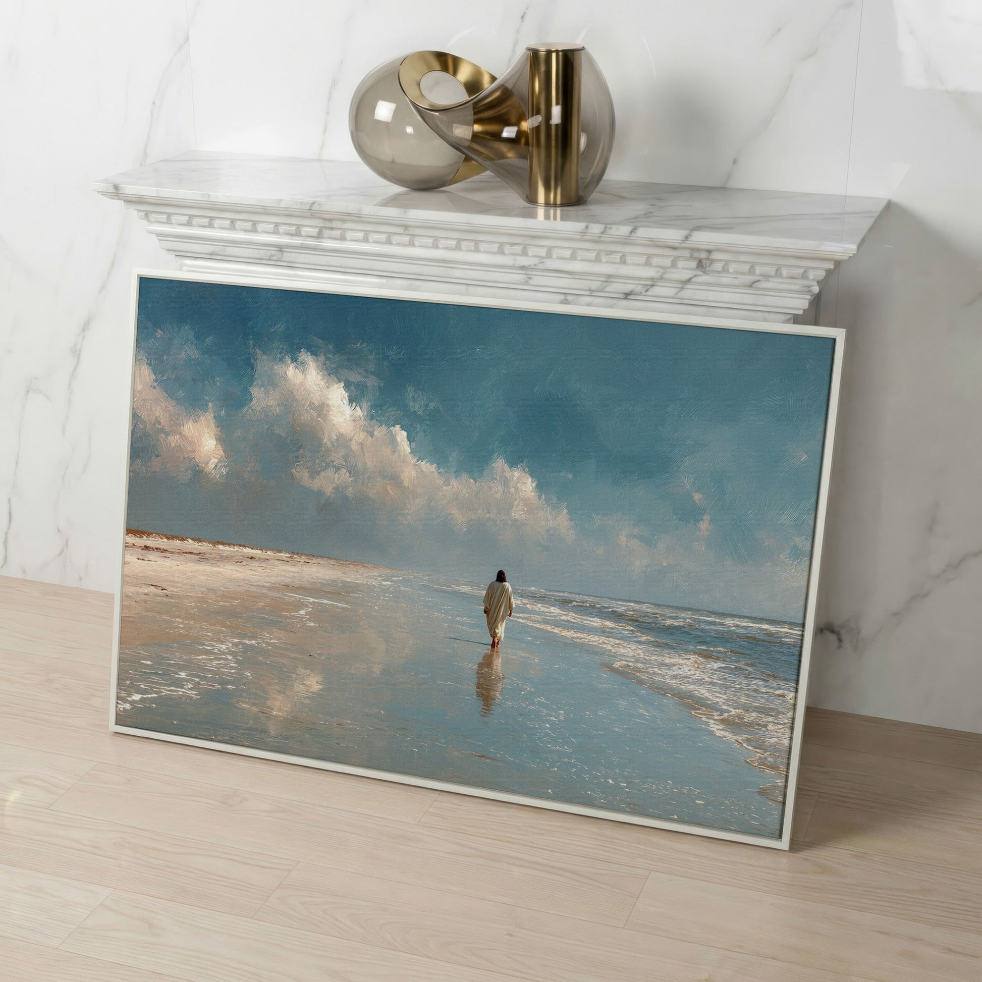 Jesus Walking on the Beach Canvas Wall Art in white floating frame