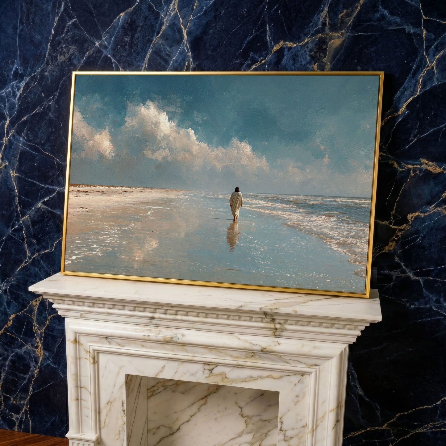 Jesus Walking on the Beach Canvas Wall Art in yellow gold floating frame