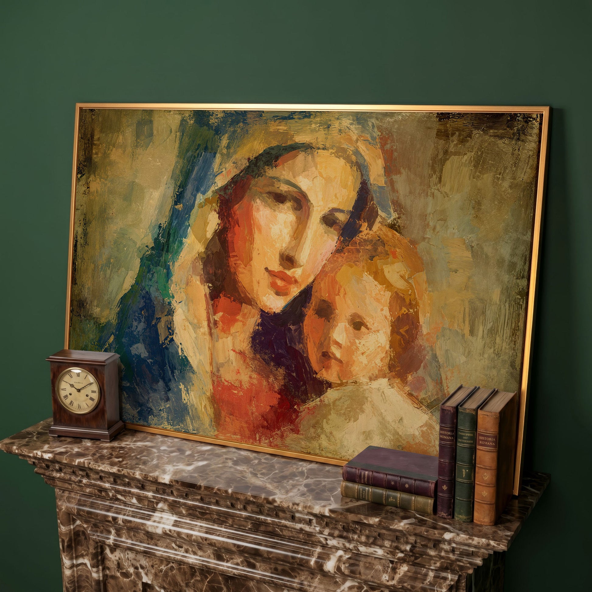 Madonna and Child Canvas Art, Virgin Mary Holding Baby Jesus in antique gold floating frame