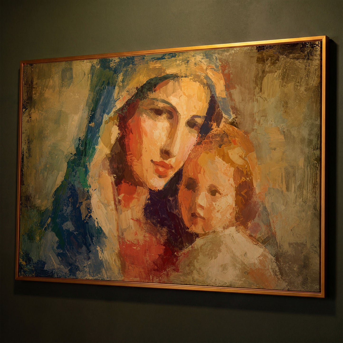 Madonna and Child Canvas Art, Virgin Mary Holding Baby Jesus shown in antique gold floating frame