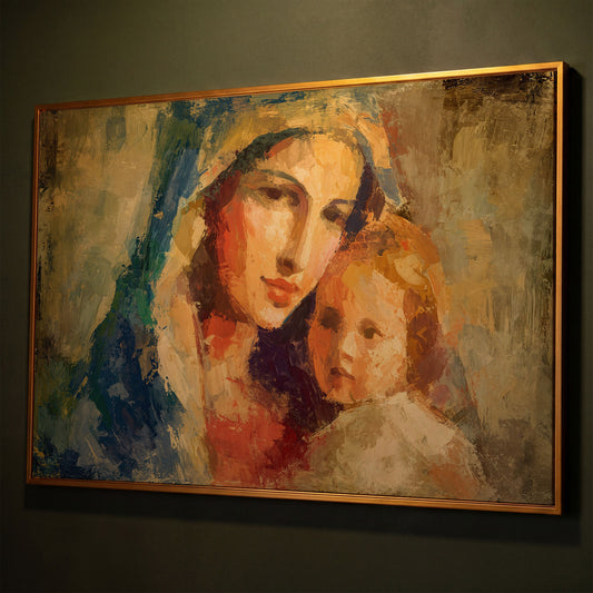 Madonna and Child Canvas Art, Virgin Mary Holding Baby Jesus shown in antique gold floating frame