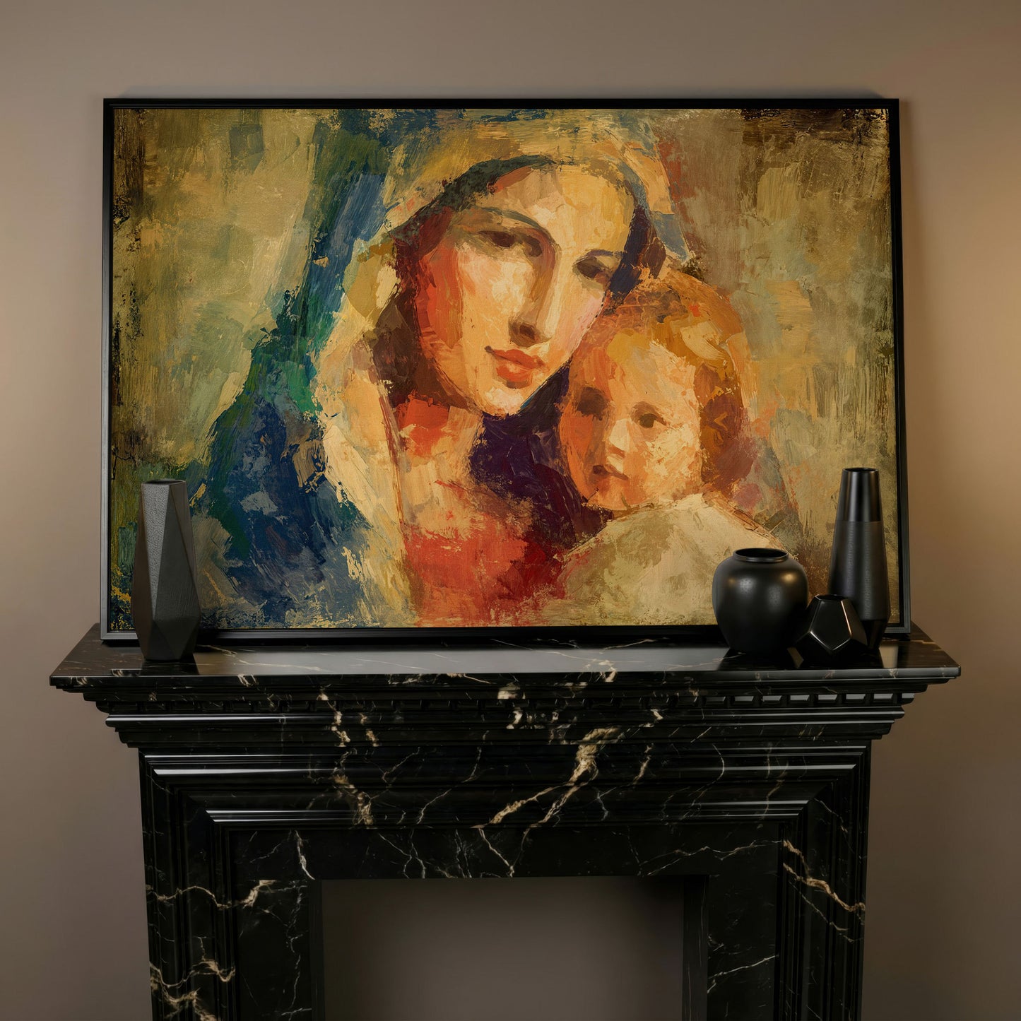 Madonna and Child Canvas Art, Virgin Mary Holding Baby Jesus in black floating frame