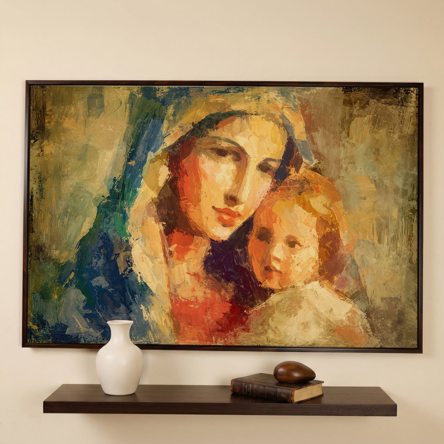 Madonna and Child Canvas Art, Virgin Mary Holding Baby Jesus in dark walnut floating frame