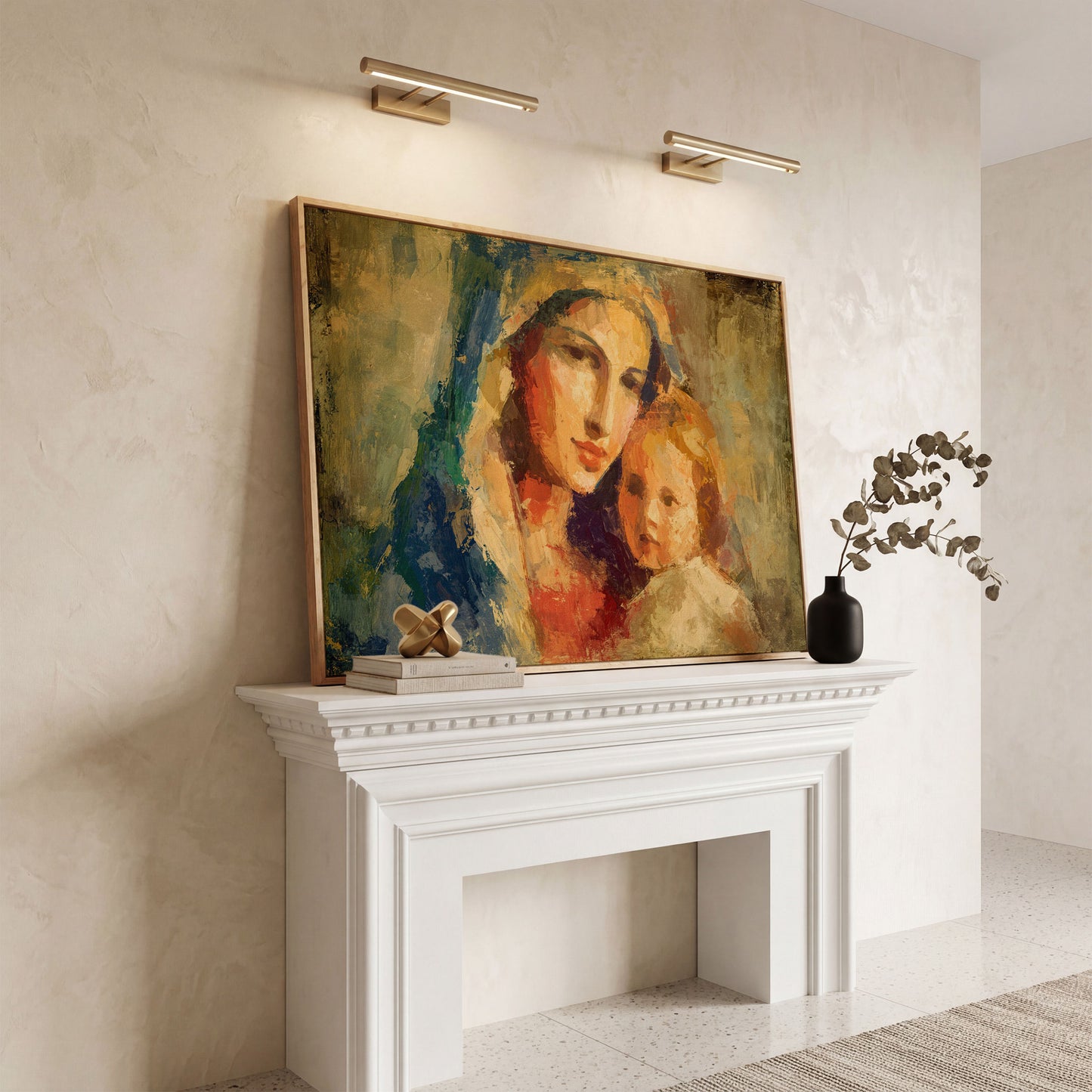 Madonna and Child Canvas Art, Virgin Mary Holding Baby Jesus in white oak floating frame