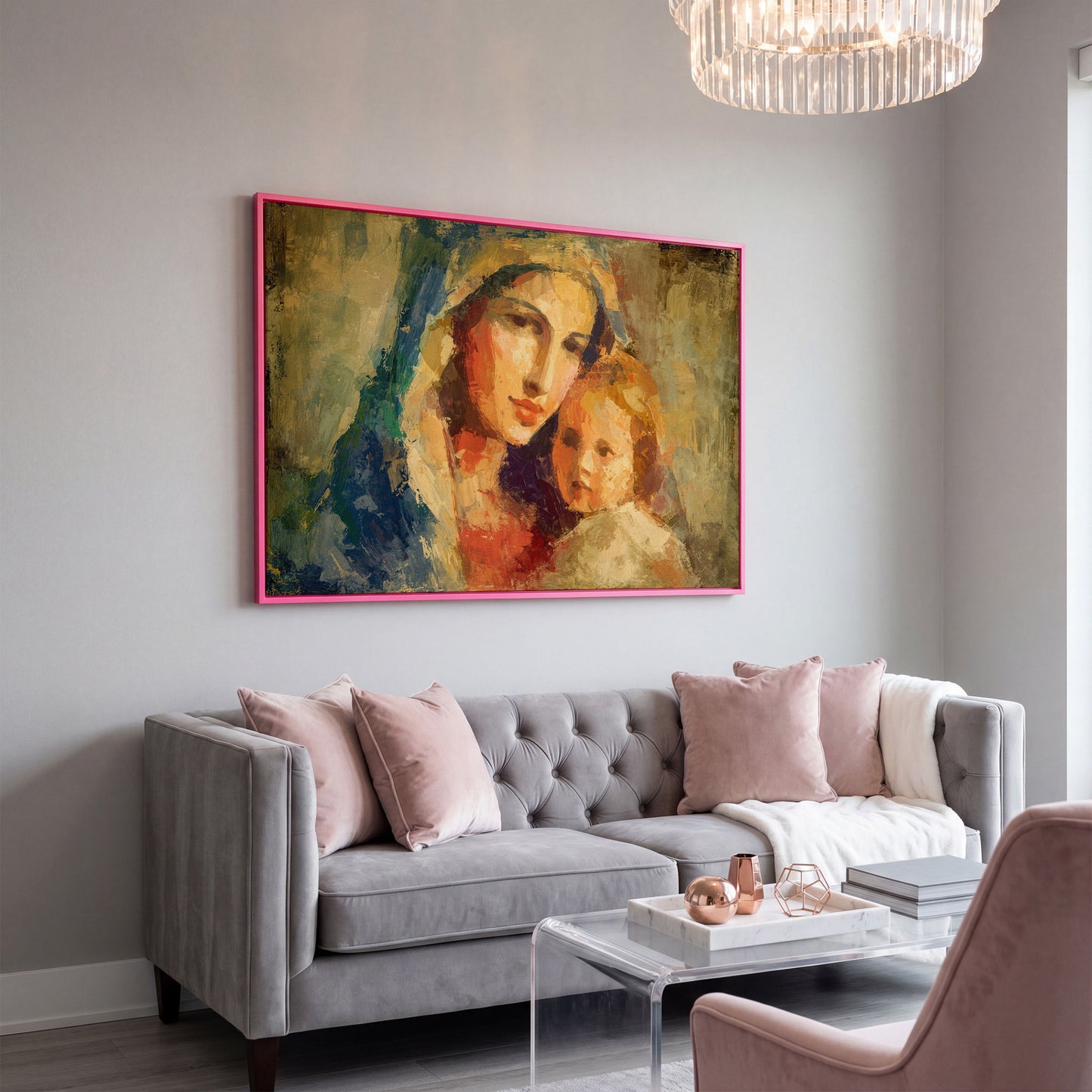Madonna and Child Canvas Art, Virgin Mary Holding Baby Jesus in pink floating frame