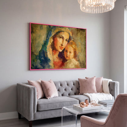Madonna and Child Canvas Art, Virgin Mary Holding Baby Jesus in pink floating frame
