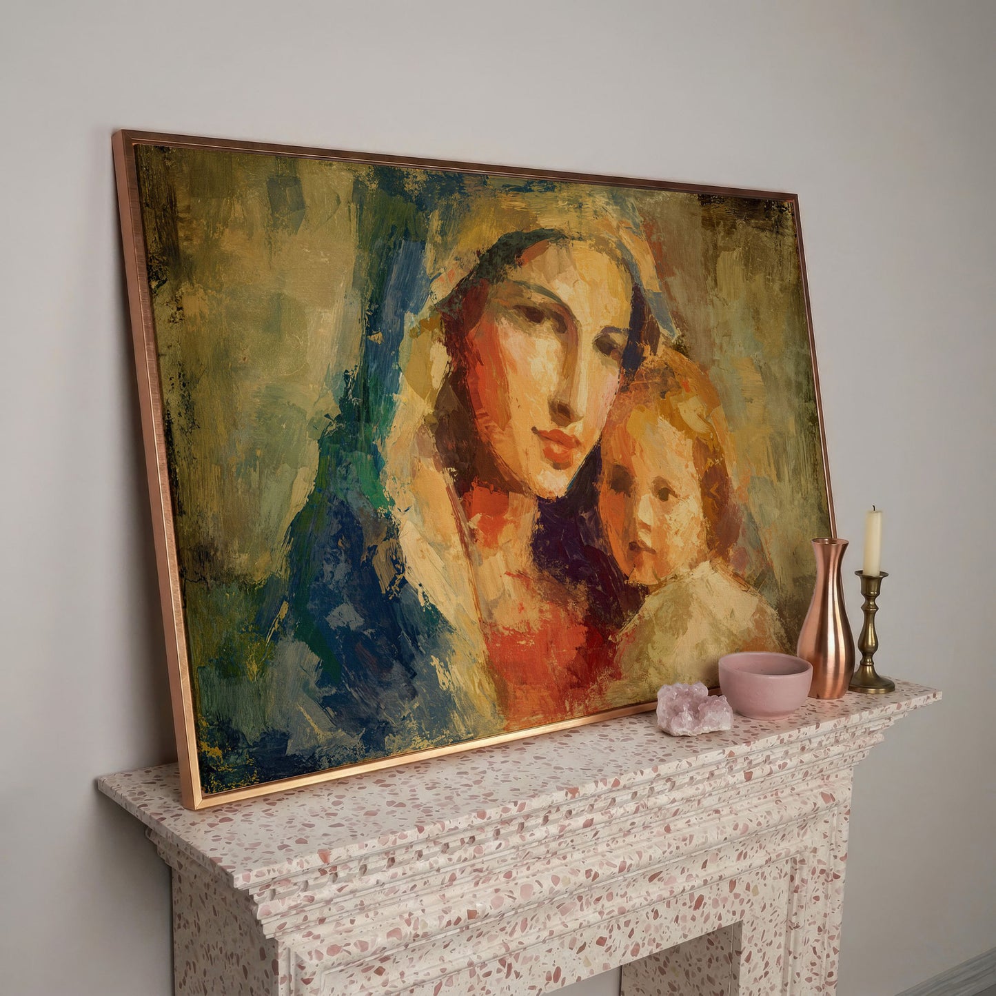 Madonna and Child Canvas Art, Virgin Mary Holding Baby Jesus in rose gold floating frame