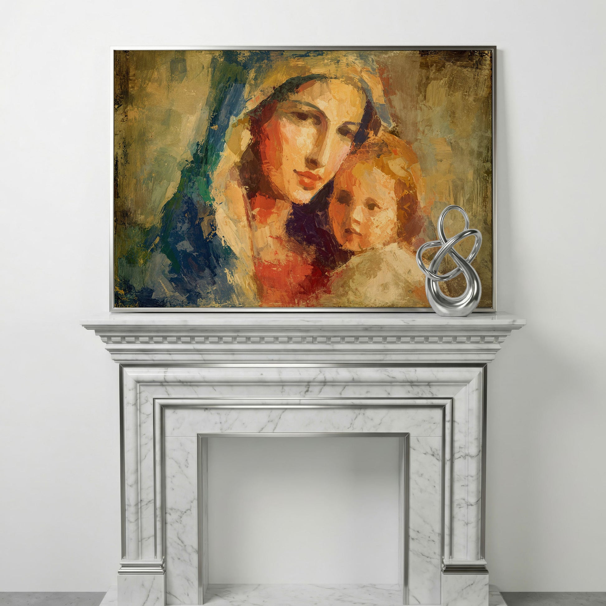 Madonna and Child Canvas Art, Virgin Mary Holding Baby Jesus in silver floating frame