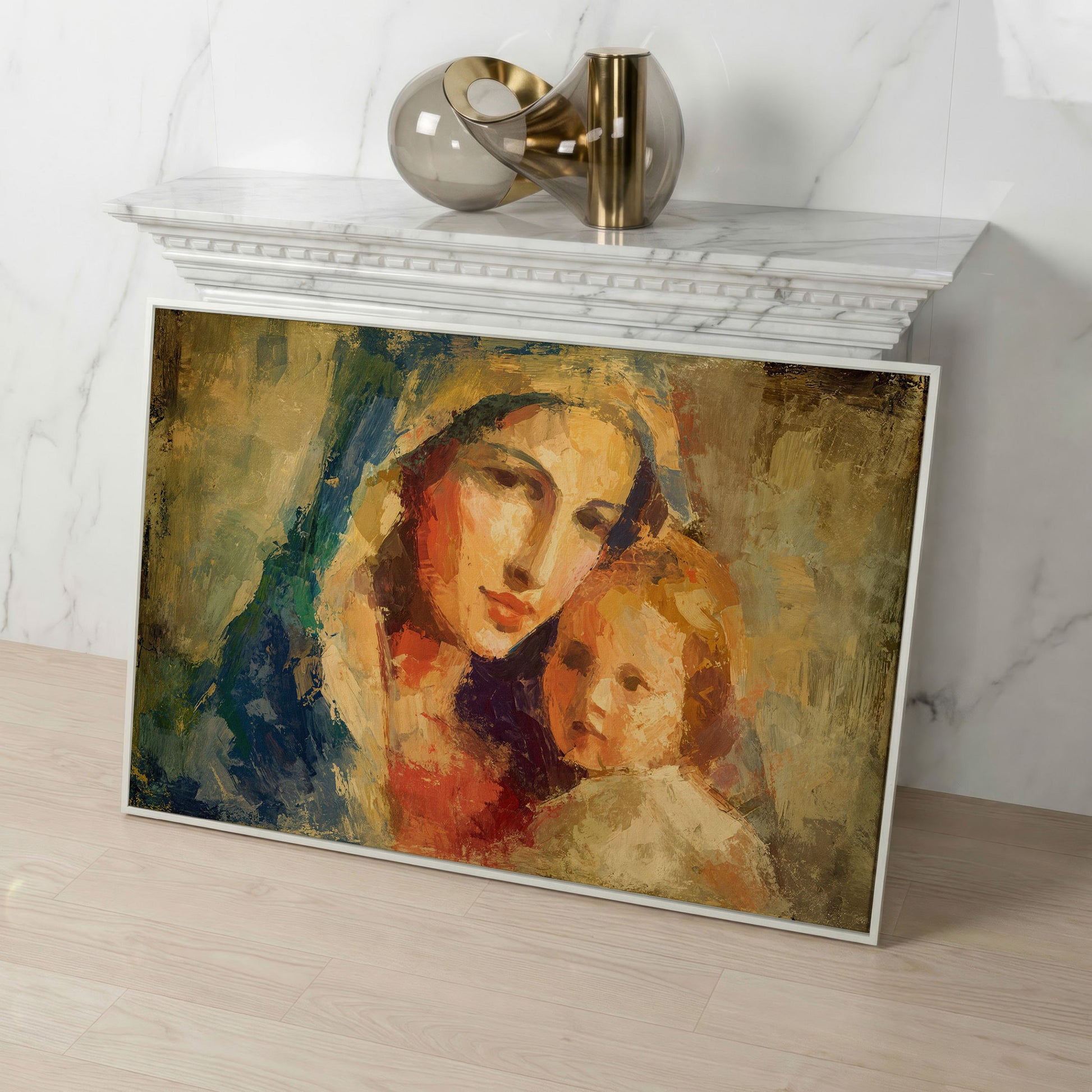 Madonna and Child Canvas Art, Virgin Mary Holding Baby Jesus in white floating frame