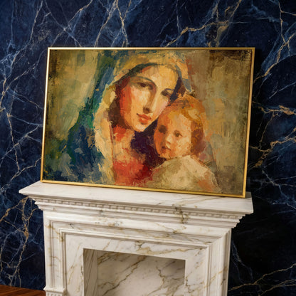 Madonna and Child Canvas Art, Virgin Mary Holding Baby Jesus in yellow gold floating frame