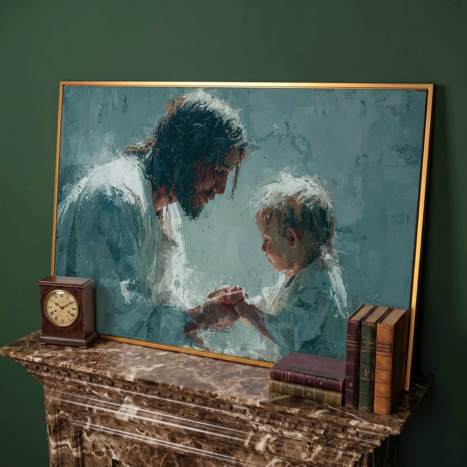 Jesus and Child Canvas Art, Christian Wall Decor for Home or Nursery in antique gold floating frame