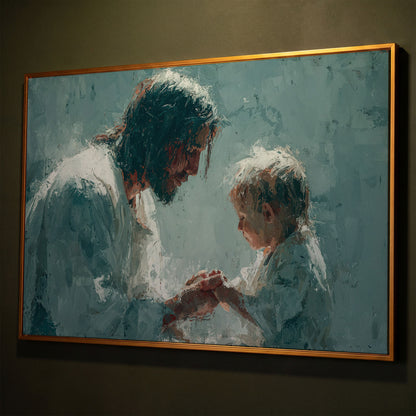 Jesus and Child Canvas Art, Christian Wall Decor for Home or Nursery shown in antique gold floating frame