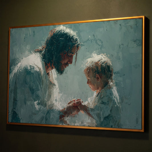 Jesus and Child Canvas Art, Christian Wall Decor for Home or Nursery shown in antique gold floating frame