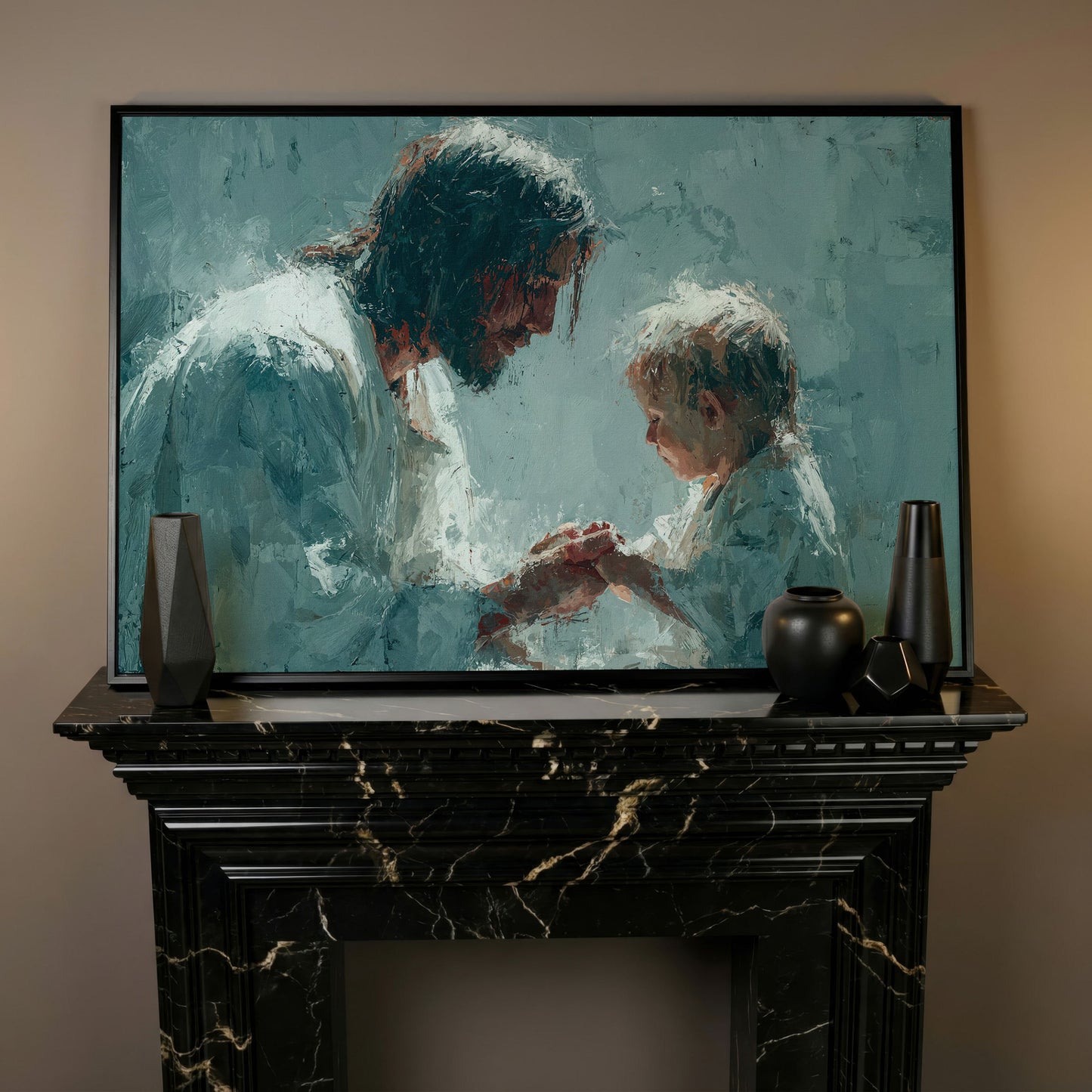 Jesus and Child Canvas Art, Christian Wall Decor for Home or Nursery in black floating frame
