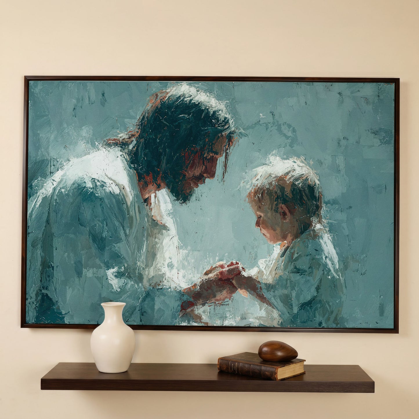 Jesus and Child Canvas Art, Christian Wall Decor for Home or Nursery in dark walnut floating frame