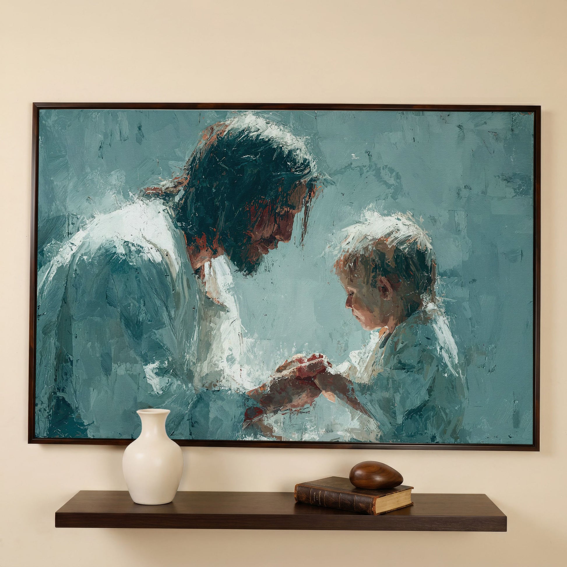 Jesus and Child Canvas Art, Christian Wall Decor for Home or Nursery in dark walnut floating frame