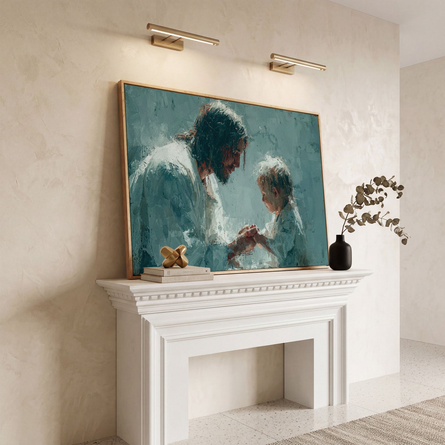 Jesus and Child Canvas Art, Christian Wall Decor for Home or Nursery in white oak floating frame
