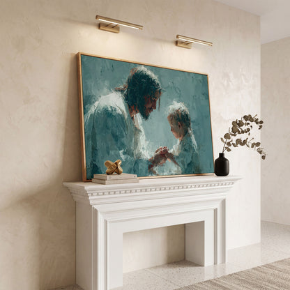 Jesus and Child Canvas Art, Christian Wall Decor for Home or Nursery in white oak floating frame