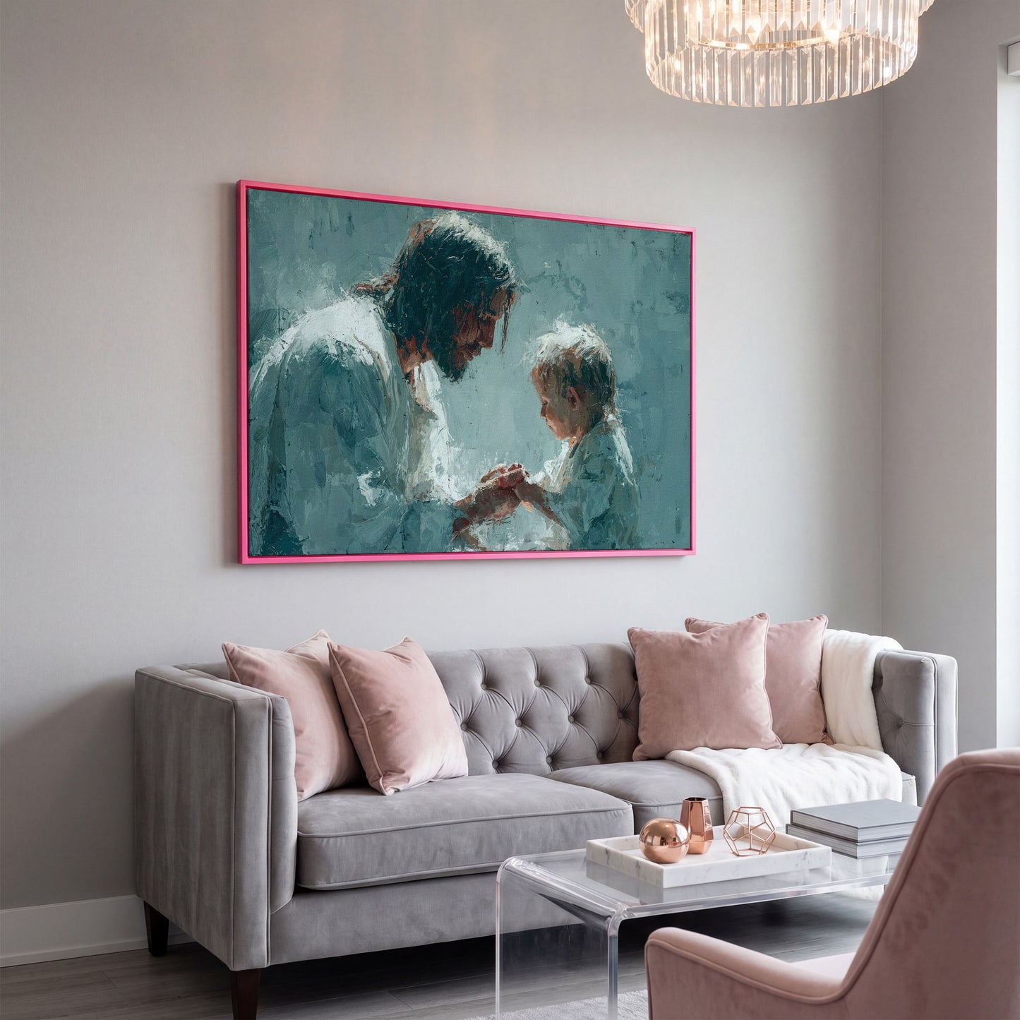 Jesus and Child Canvas Art, Christian Wall Decor for Home or Nursery in pink floating frame