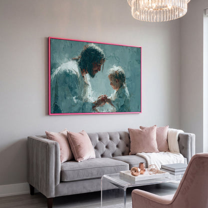 Jesus and Child Canvas Art, Christian Wall Decor for Home or Nursery in pink floating frame