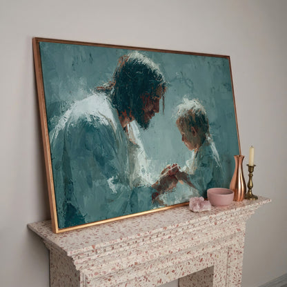 Jesus and Child Canvas Art, Christian Wall Decor for Home or Nursery in rose gold floating frame