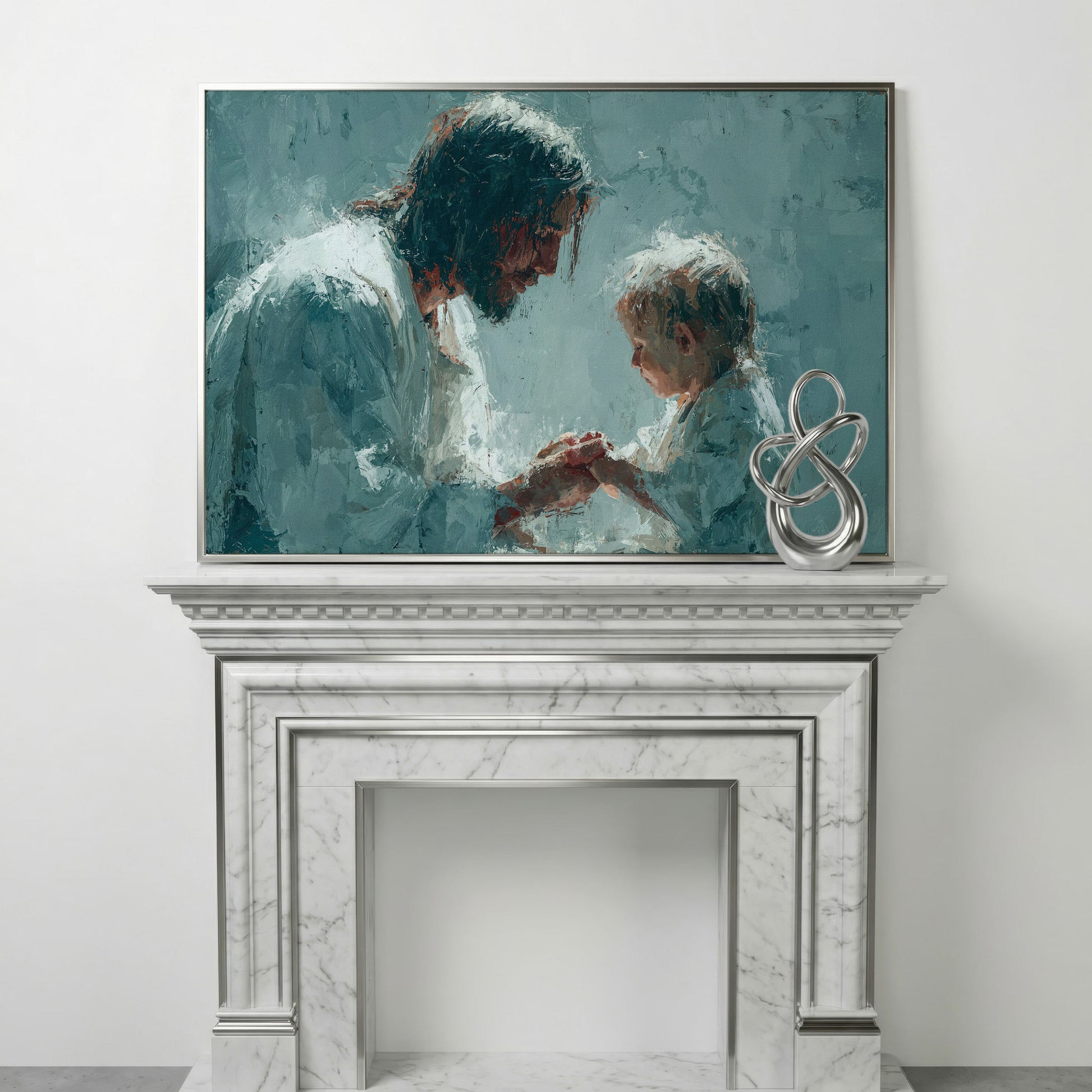 Jesus and Child Canvas Art, Christian Wall Decor for Home or Nursery in silver floating frame