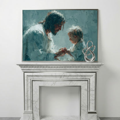 Jesus and Child Canvas Art, Christian Wall Decor for Home or Nursery in silver floating frame