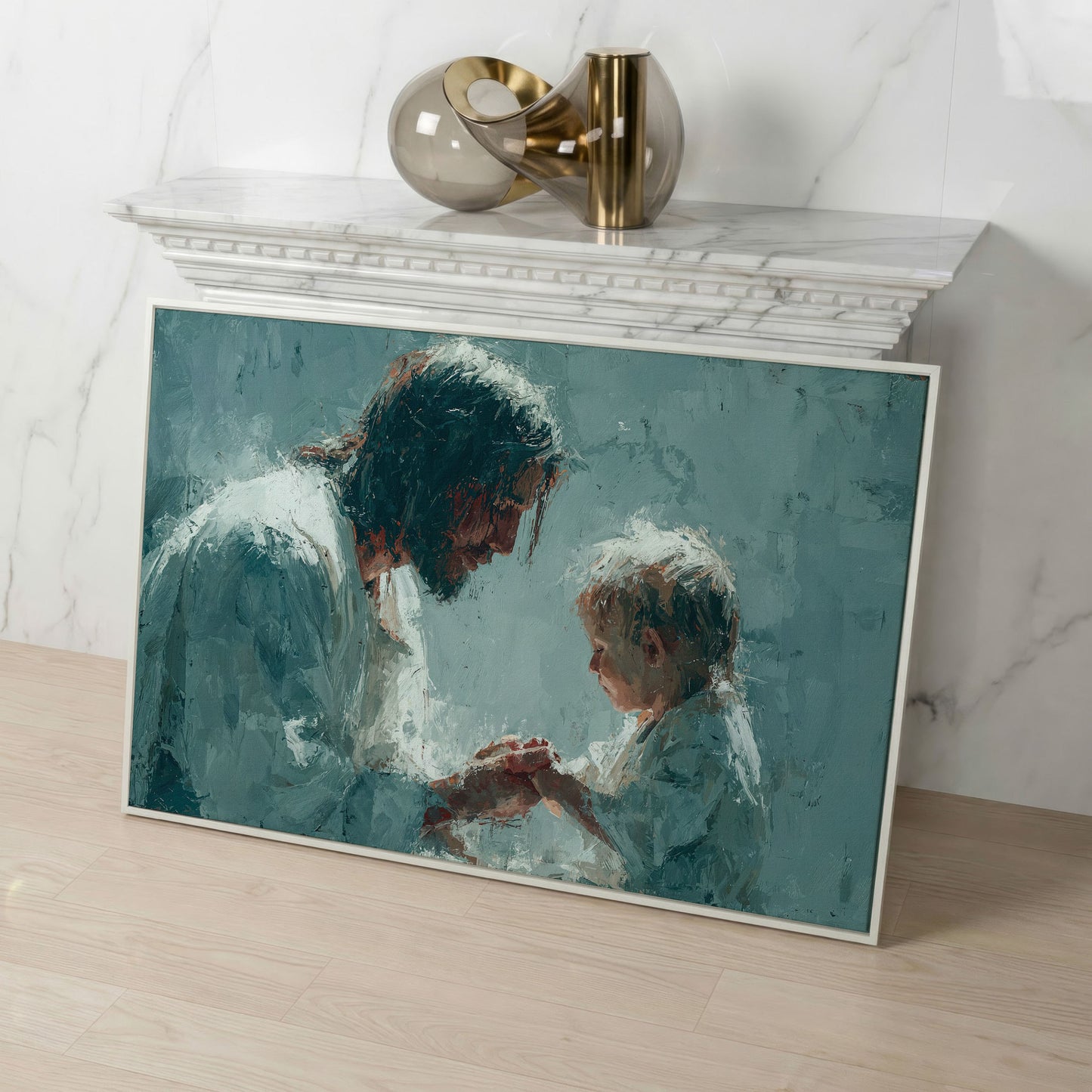 Jesus and Child Canvas Art, Christian Wall Decor for Home or Nursery in white floating frame