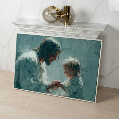 Jesus and Child Canvas Art, Christian Wall Decor for Home or Nursery in white floating frame