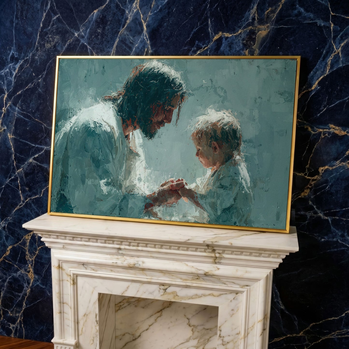 Jesus and Child Canvas Art, Christian Wall Decor for Home or Nursery in yellow gold floating frame