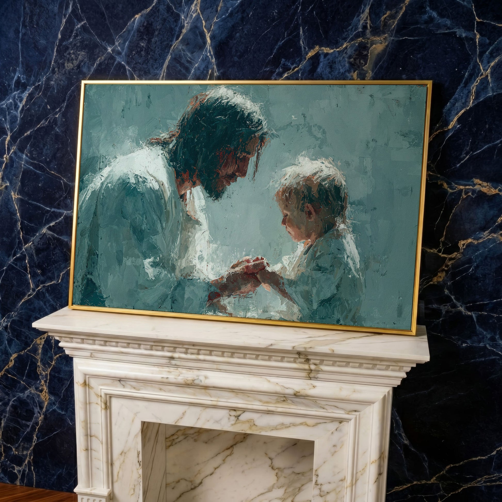 Jesus and Child Canvas Art, Christian Wall Decor for Home or Nursery in yellow gold floating frame