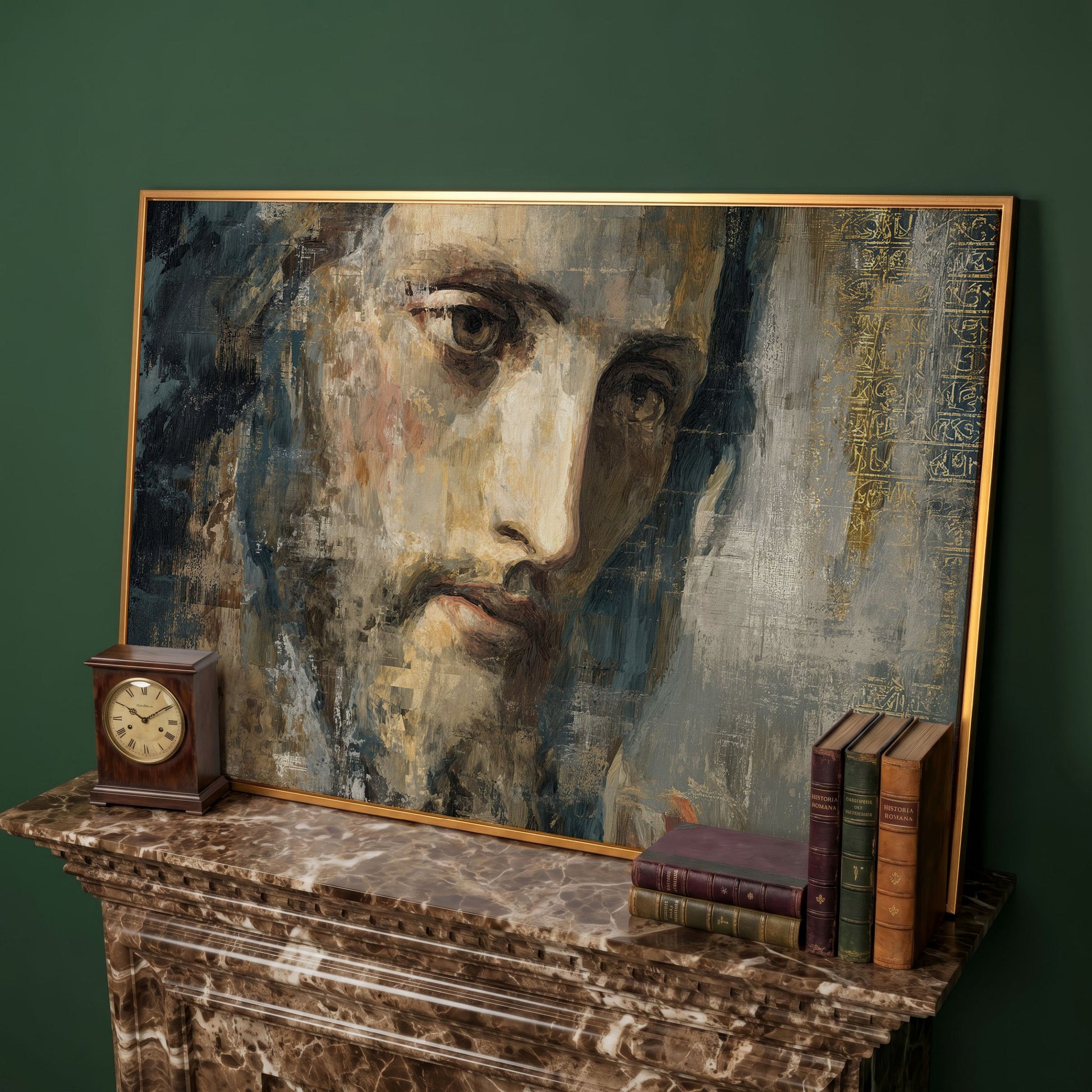 Face of Jesus Christ Canvas Art, Modern Religious Portrait in antique gold floating frame