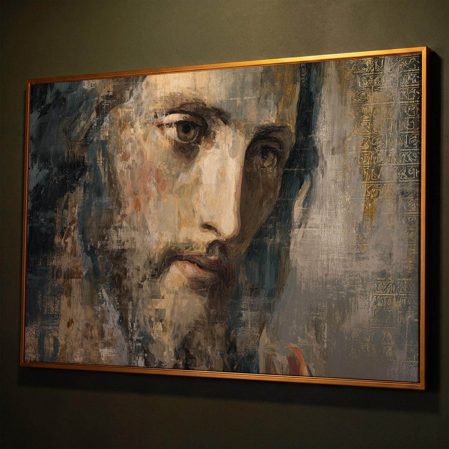 Face of Jesus Christ Canvas Art, Modern Religious Portrait shown in antique gold floating frame