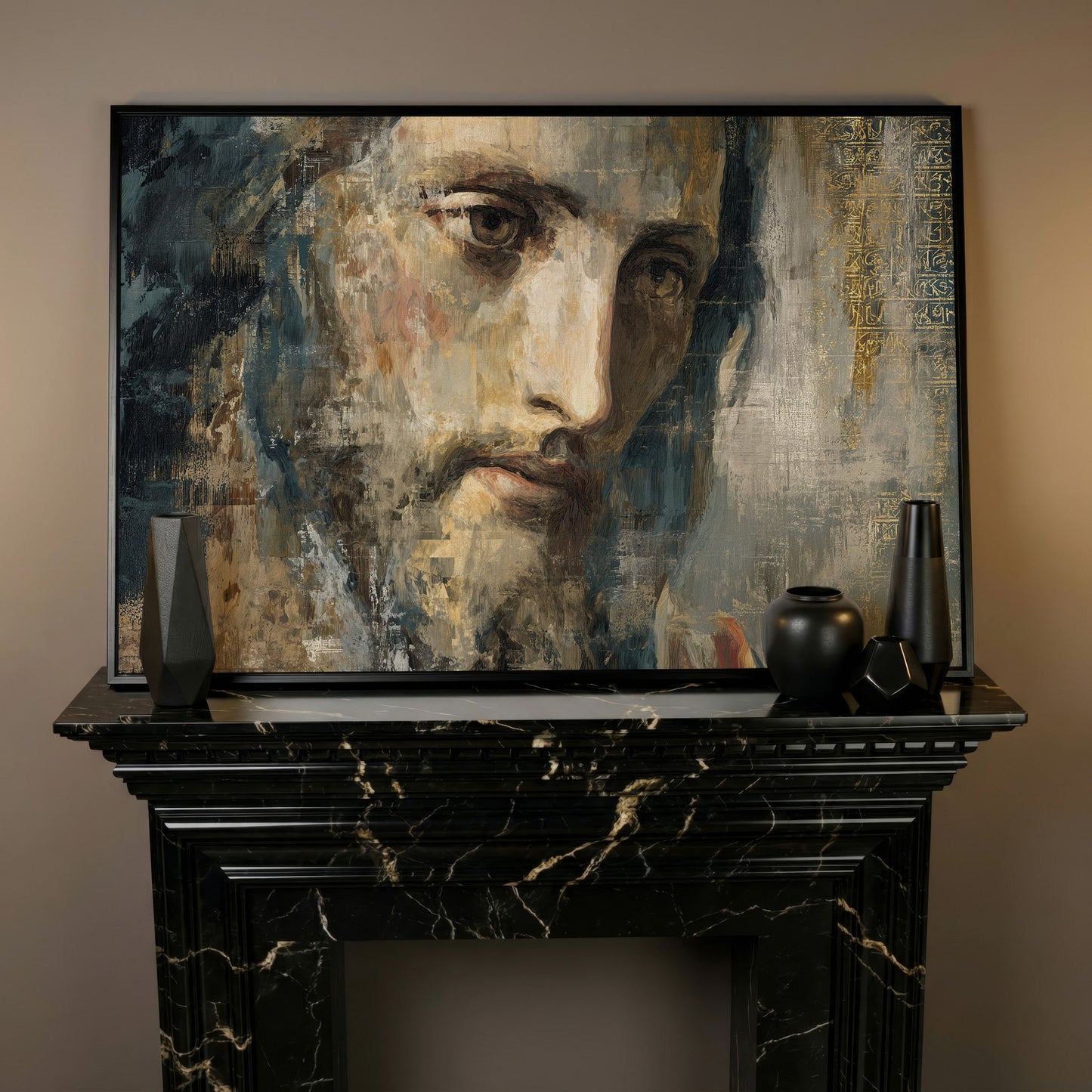 Face of Jesus Christ Canvas Art, Modern Religious Portrait in black floating frame