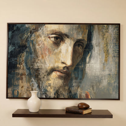 Face of Jesus Christ Canvas Art, Modern Religious Portrait in dark walnut floating frame