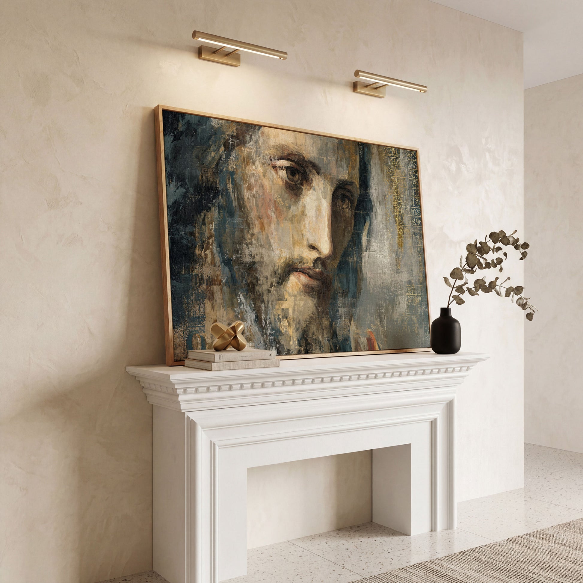 Face of Jesus Christ Canvas Art, Modern Religious Portrait in white oak floating frame
