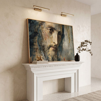 Face of Jesus Christ Canvas Art, Modern Religious Portrait in white oak floating frame