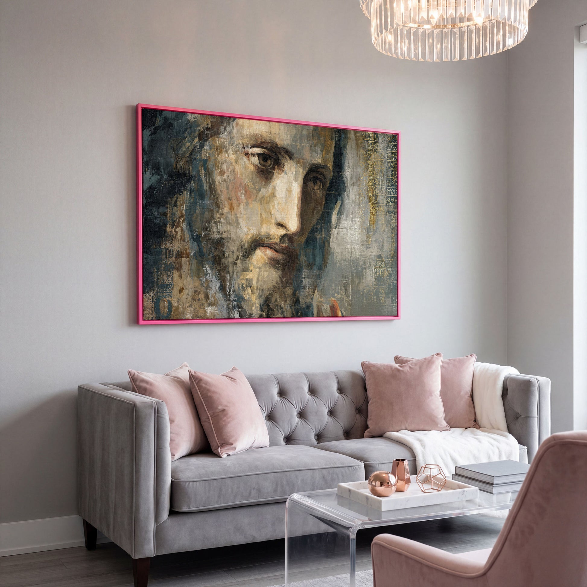 Face of Jesus Christ Canvas Art, Modern Religious Portrait in pink floating frame