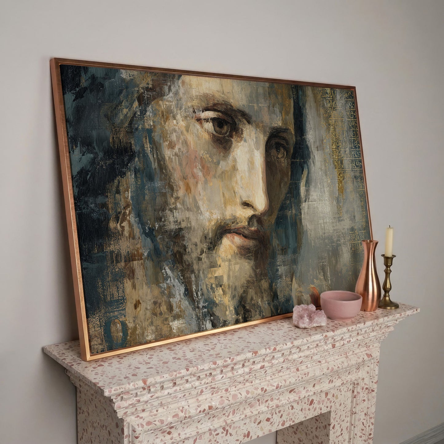 Face of Jesus Christ Canvas Art, Modern Religious Portrait in rose gold floating frame