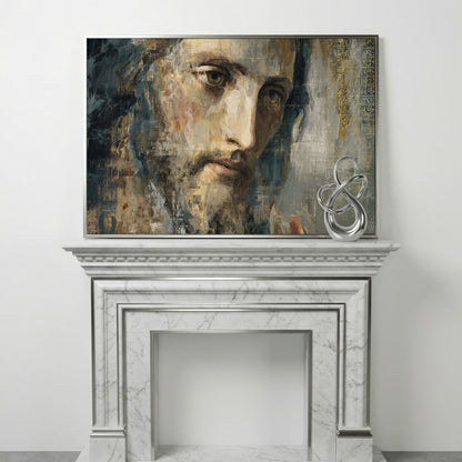 Face of Jesus Christ Canvas Art, Modern Religious Portrait in silver floating frame