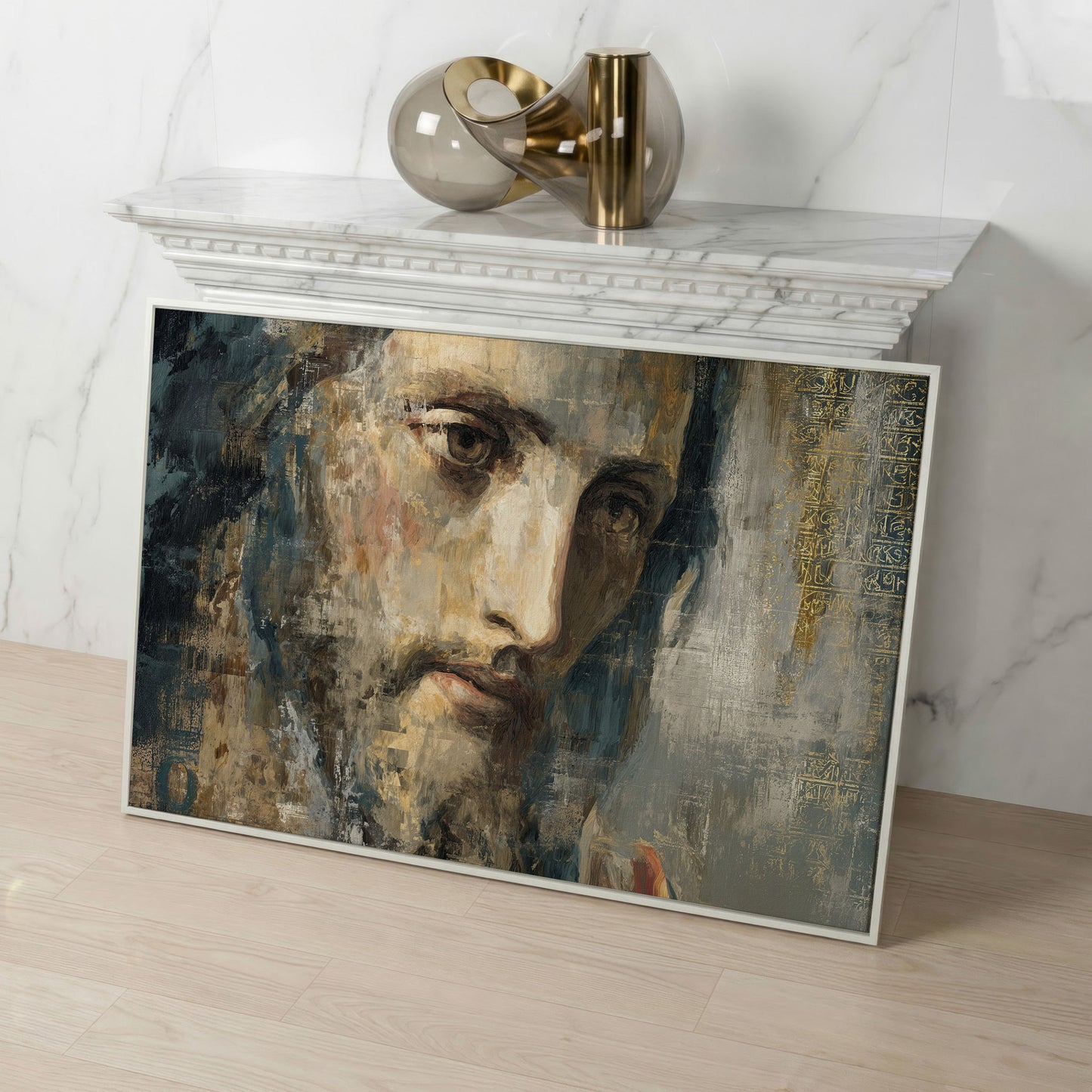 Face of Jesus Christ Canvas Art, Modern Religious Portrait in white floating frame