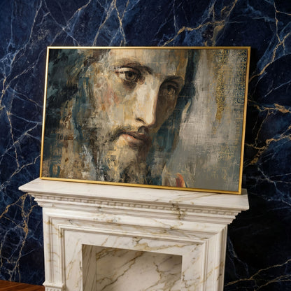 Face of Jesus Christ Canvas Art, Modern Religious Portrait in yellow gold floating frame