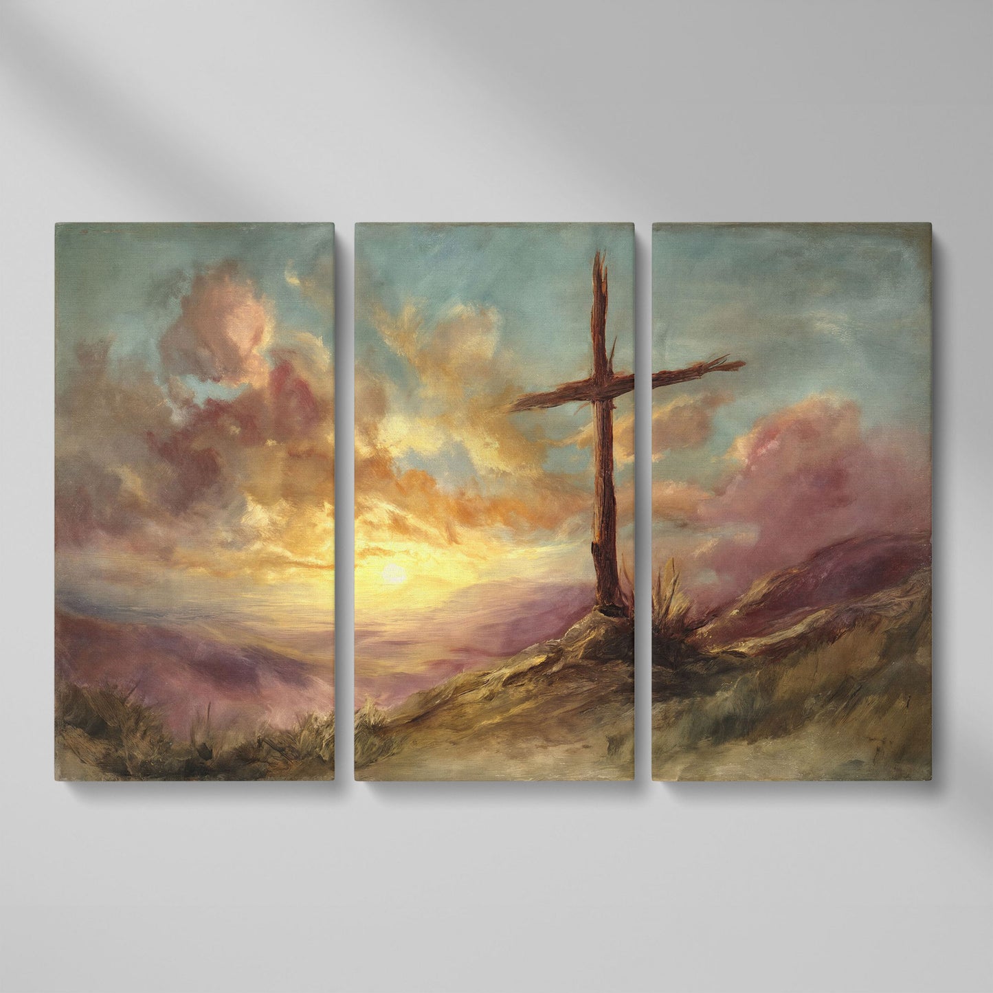 Wooden Cross on a Hill at Sunset, Canvas Wall Art as 3-panel split version
